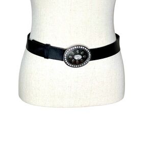 LANDES Retro Western Large Rhinestone Buckle  Black Leather Made in Canada SZ L